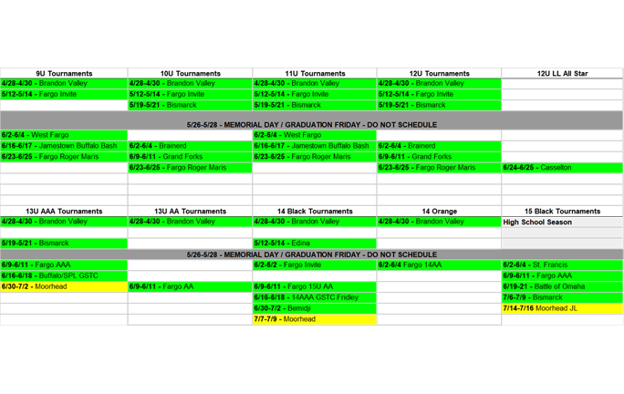 2023 Tournament Schedule